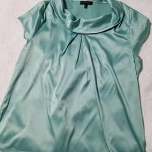 The Limited Satin Cowl Neck Cap Sleeve Blouse in Aqua Teal
